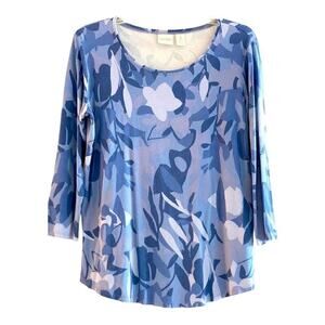 CHICOS Zenergy tee with 3/4 sleeves. Blue floral pattern. Rounded bottom. Med
C